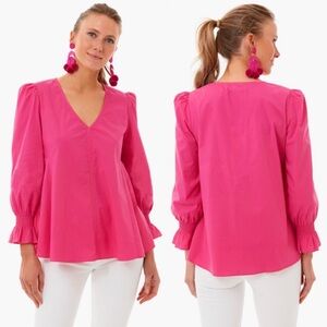 TUCKERNUCK Pomander Place Easton Blouse Smocked V-Neck Long Sleeve Pink Size M